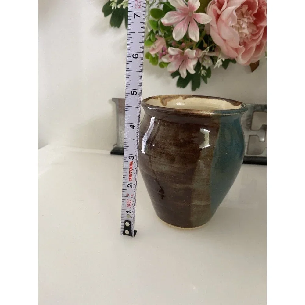Blue and Brown Glazed Rare Signed by Artist Jen O MCM Studio Art Pottery Vase 5
